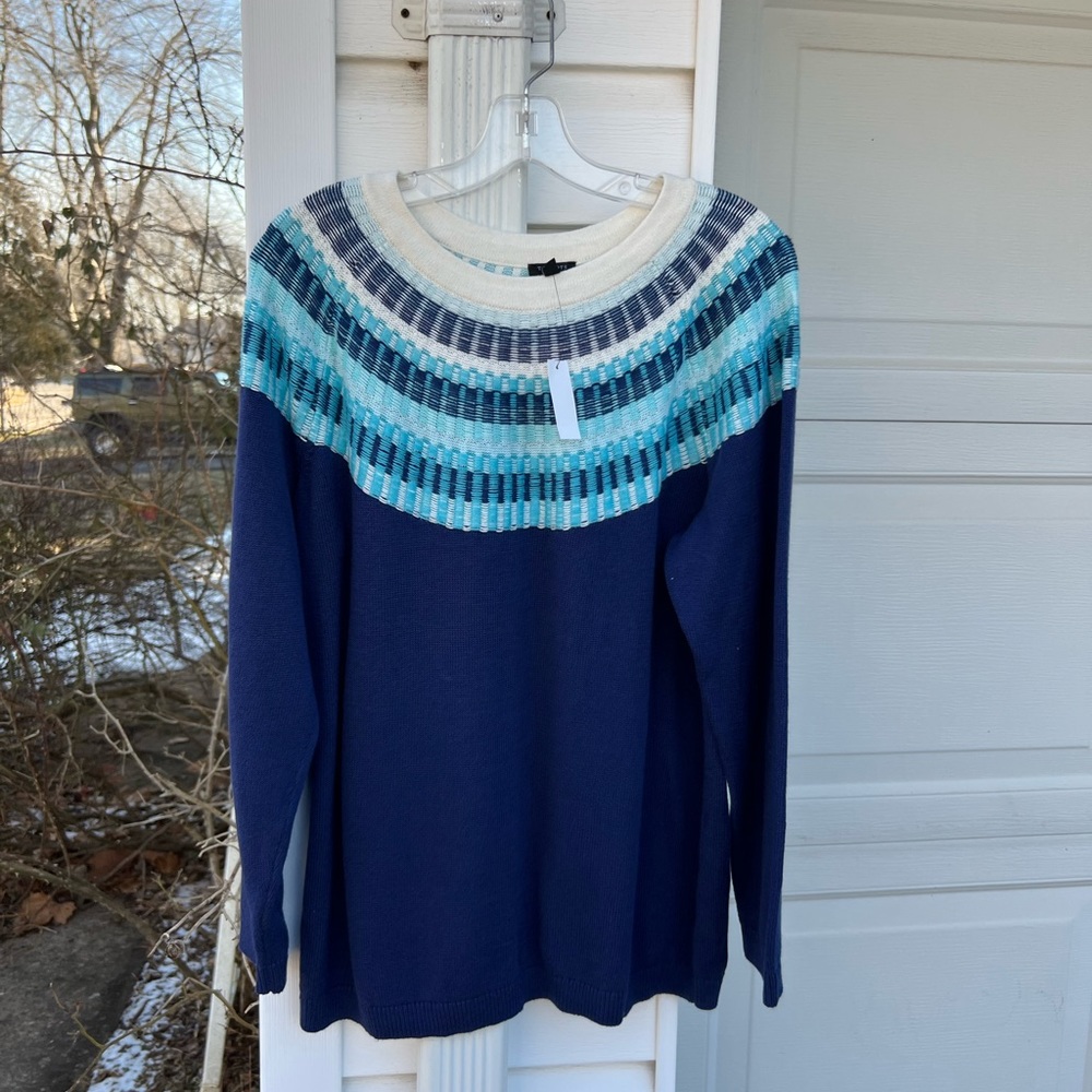 NWT Talbots Gorgeous Blues Green Cream Woven Fair Isle Sweater - Picture 6 of 6